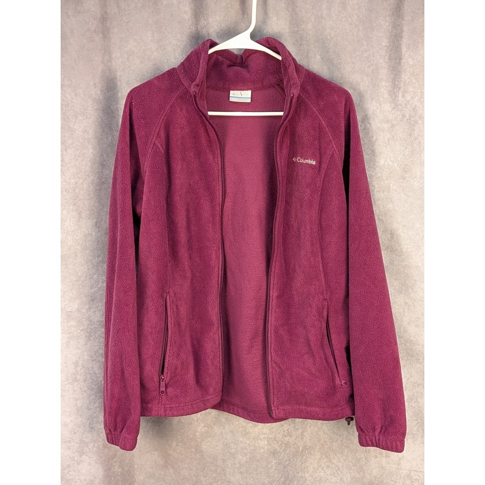 Columbia Mens Fleece Jacket Full Zip Berry Maroon Size L Mock Neck Pockets